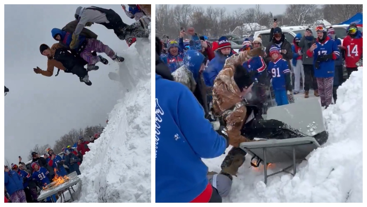 Bills Fans Stay Warm By Jumping On to Burning Table Before Playoff Game ...