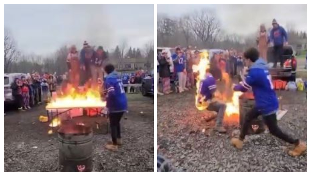 Bills Mafia Member Catches Himself On Fire Attempting To Jump Through
