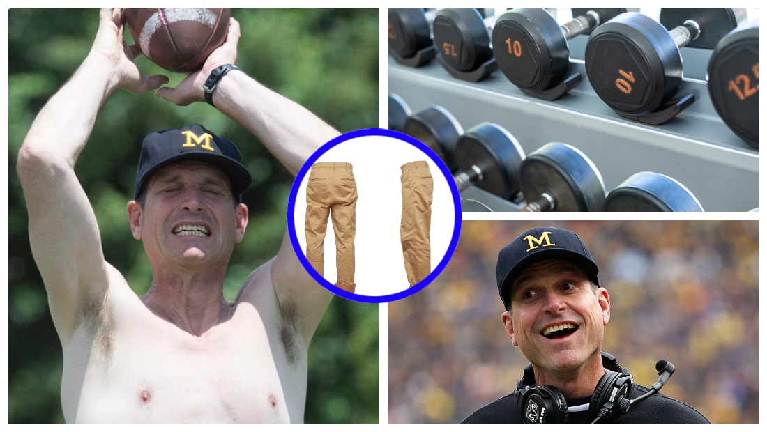 Jim Harbaugh Squats Shirtless And In Khakis