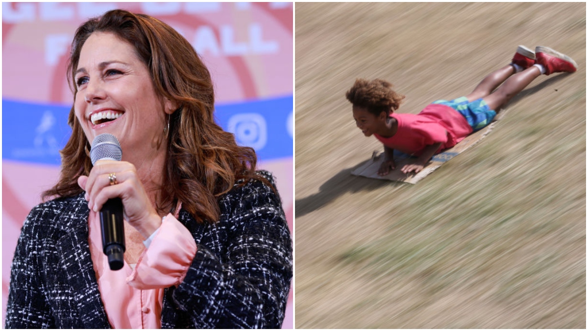 ESPN's Julie Foudy Almost Runs Over Kids Riding A Cardboard Box A