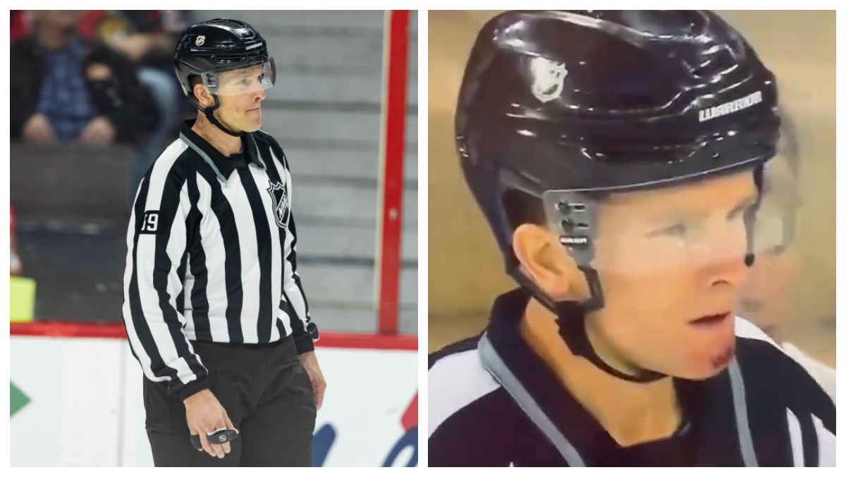 Nhl Referee Takes Stick To Face Finishes Shift While Holding Towel To 