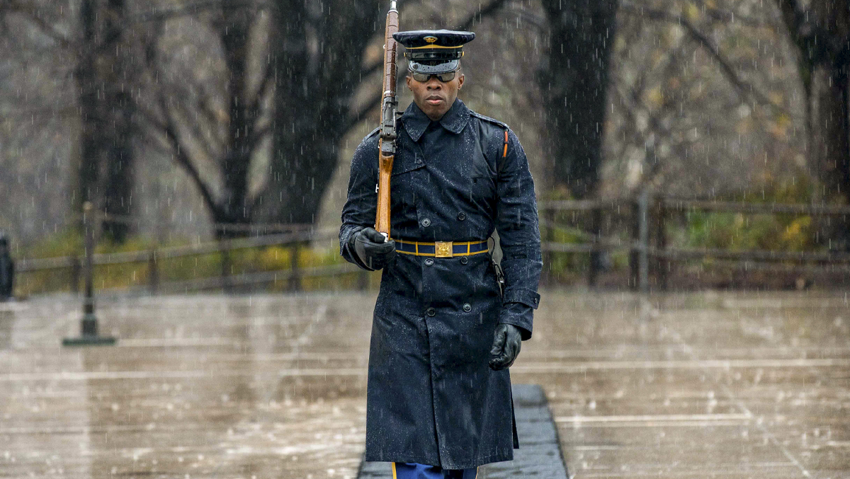 U S Soldier Guards Tomb Of The Unknown Through Severe Thunderstorm   Tomb Of The Unknown Soldier Arlington Guard Sentinel Storm Wind Rain March Video 