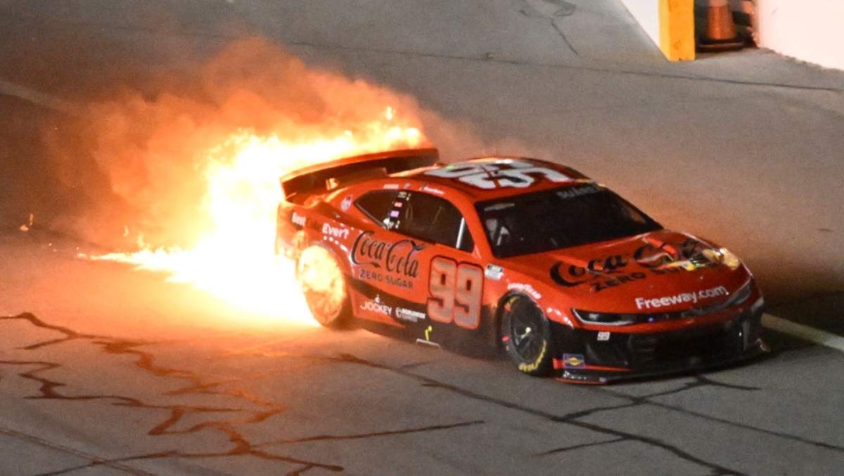 NASCAR driver Daniel Suarez's car catches fire in a scary, bizarre incident