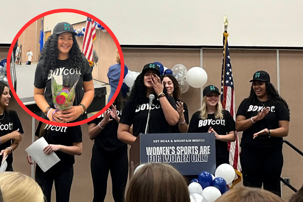 Riley Gaines Leads Rally With University Of Nevada Volleyball Captain Sia Liilii To Protect Sports For Women