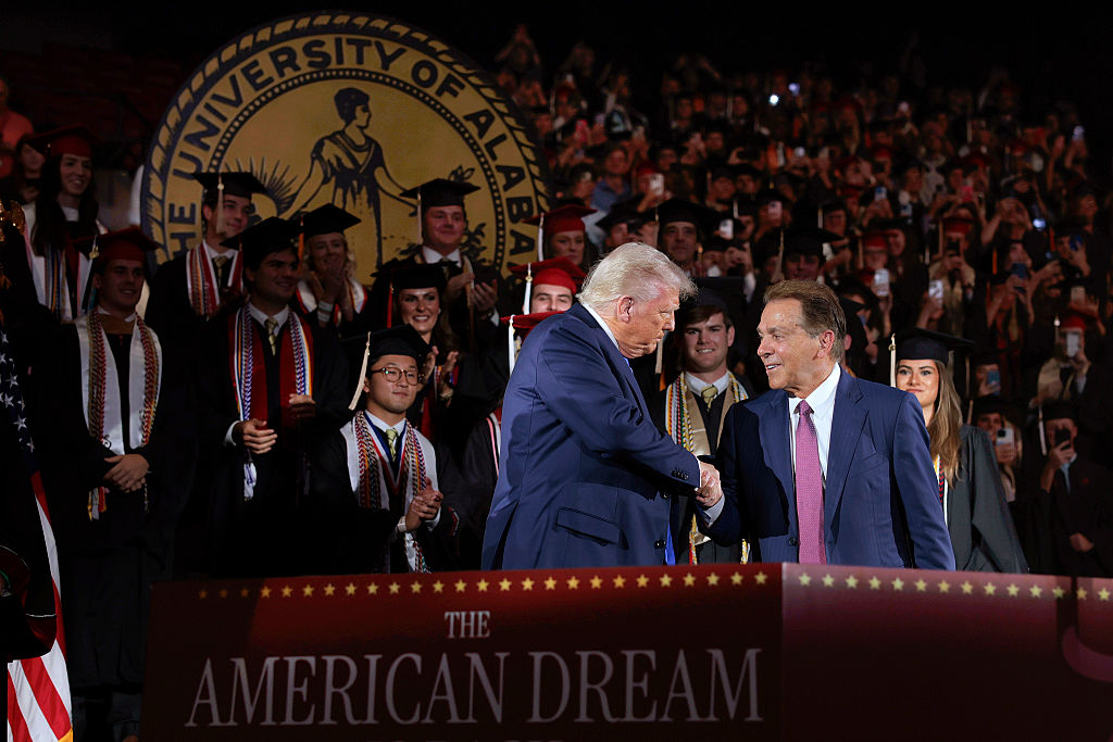 Nick Saban Jokes With Donald Trump About ‘Red Button’ Inside Oval Office During Speech At Alabama Graduation